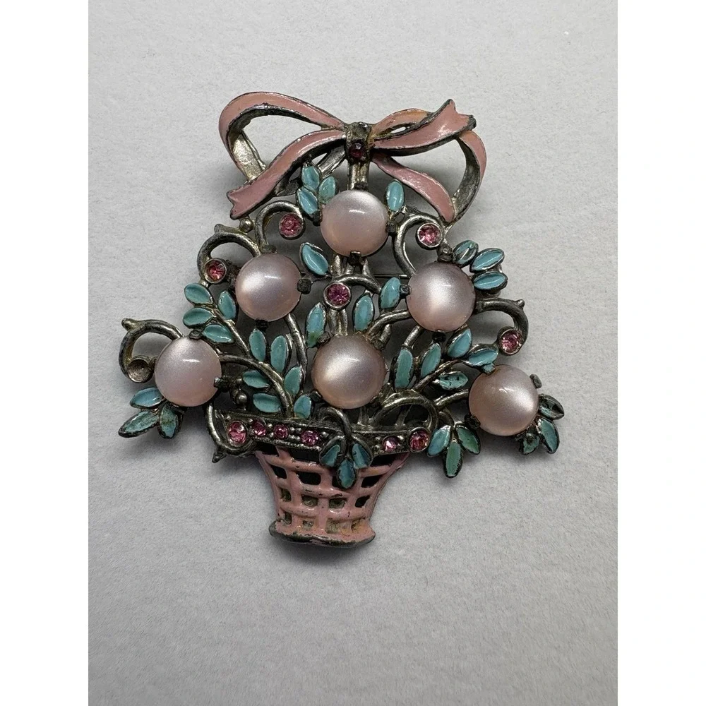 Vintage Pink Faux Moonstone With Rhinestone Enamel‎ Flowers Brooch